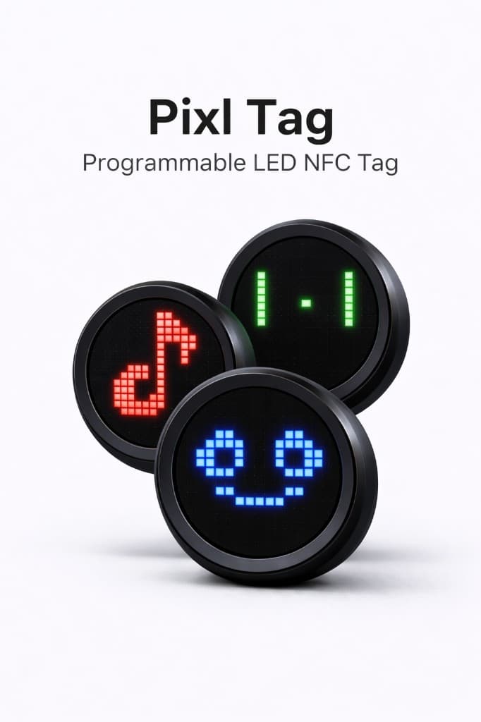PixlTag LED keyrings showing pixel art in red, green, and blue